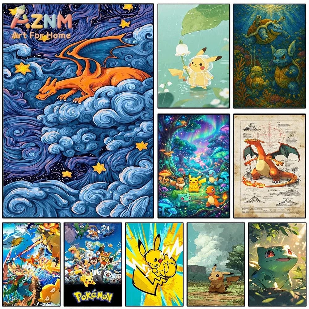 Anime Pokemon Charizard Starry Sky Van Gogh Style Canvas Wall Art, Cute Cartoon Frameless Canvas Painting for Kids Bedroom Liv