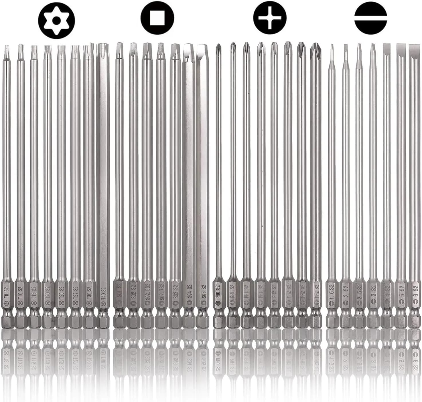 30 Pcs 4-Inch Long Screwdriver Bits Set, S2 Steel, 1/4 Hex Shank, Magnetic, with Storage Box (Slotted, Cross, Square, Torx)