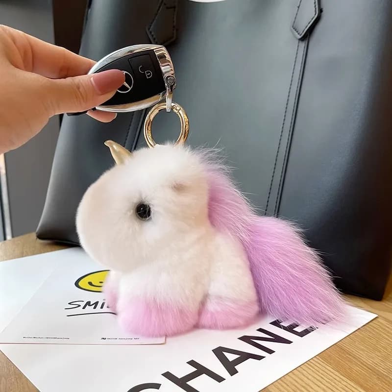 Cute plush pony keychain real rabbit fur unicorn backpack charm car key ring accessory girls birthday gift