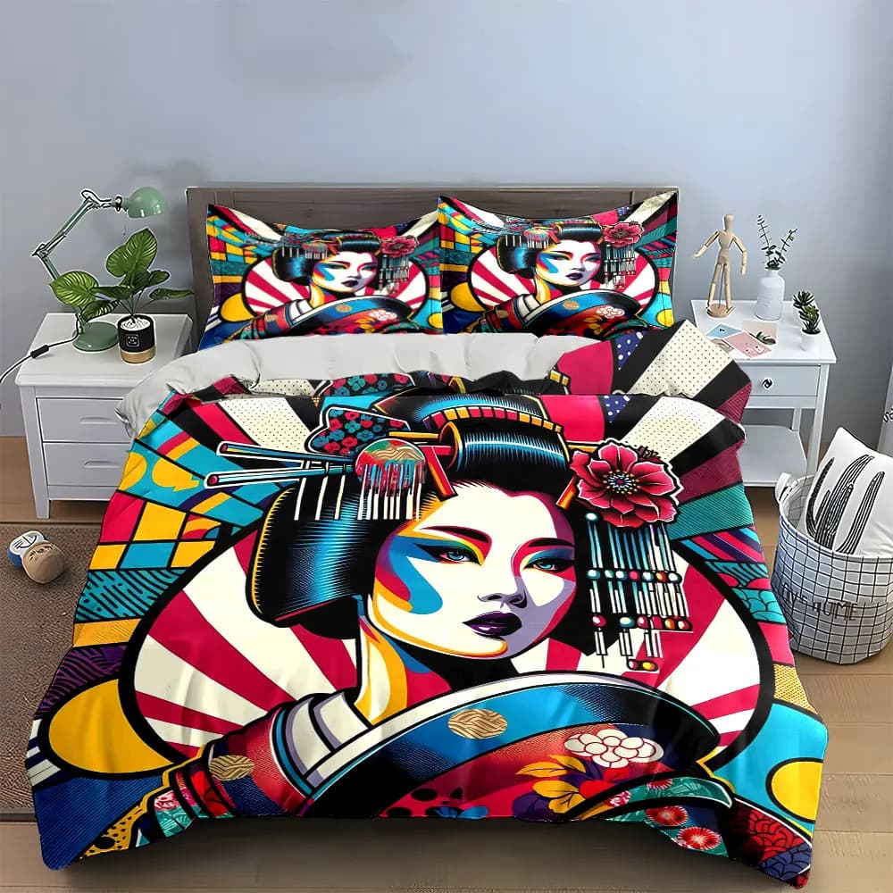 Set di biancheria da letto in stile artistico giapponese con 1 copripiumino e 2 federe, singolo, matrimoniale, king size, queen size, idea regalo