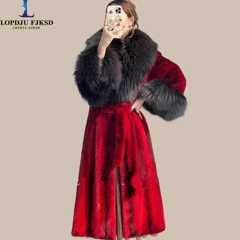 Cappotto in pelliccia sintetica con vita regolabile per donna, giacca lunga, collo in pelliccia di volpe, vestiti spessi e caldi, stile inglese, autunno e inverno, 2024