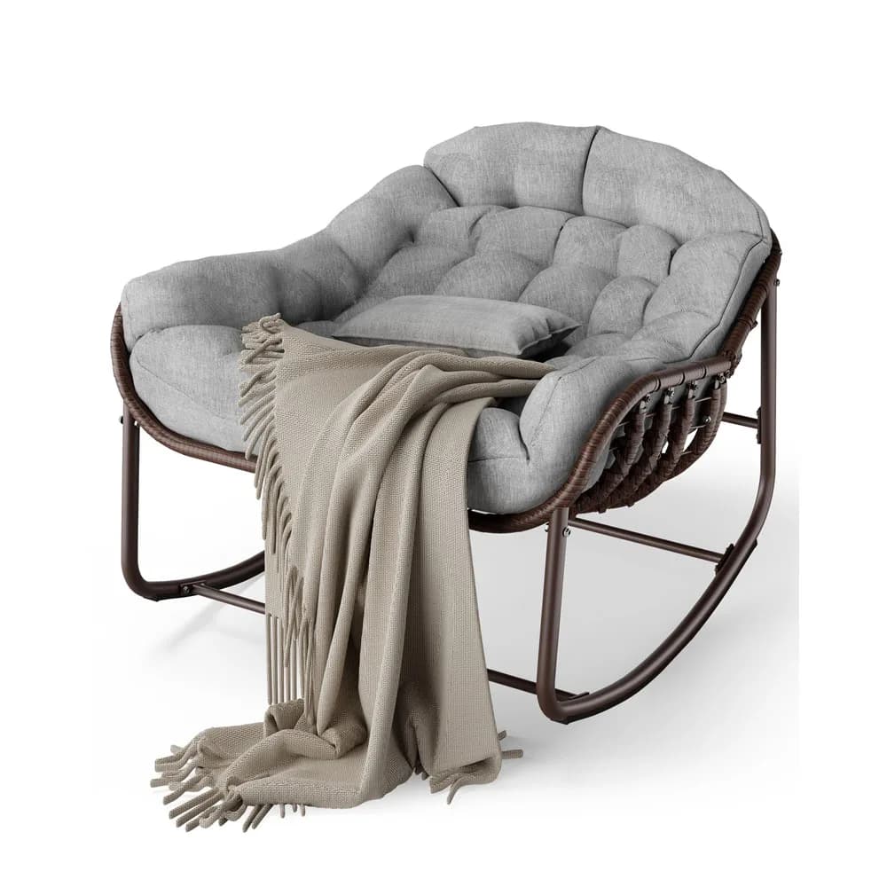 Outdoor rocking chair, oversize wicker lounge armchair with metal cushion and structure, rattan egg swing for patio and balcony