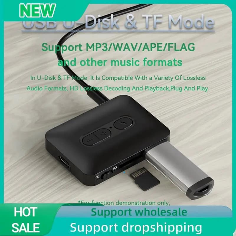 Trasmettitore ricevitore audio Bluetooth 5.4 solido USB U-Disk TF Card Play Adattatore wireless per musica stereo AUX da 3,5 mm con microfono