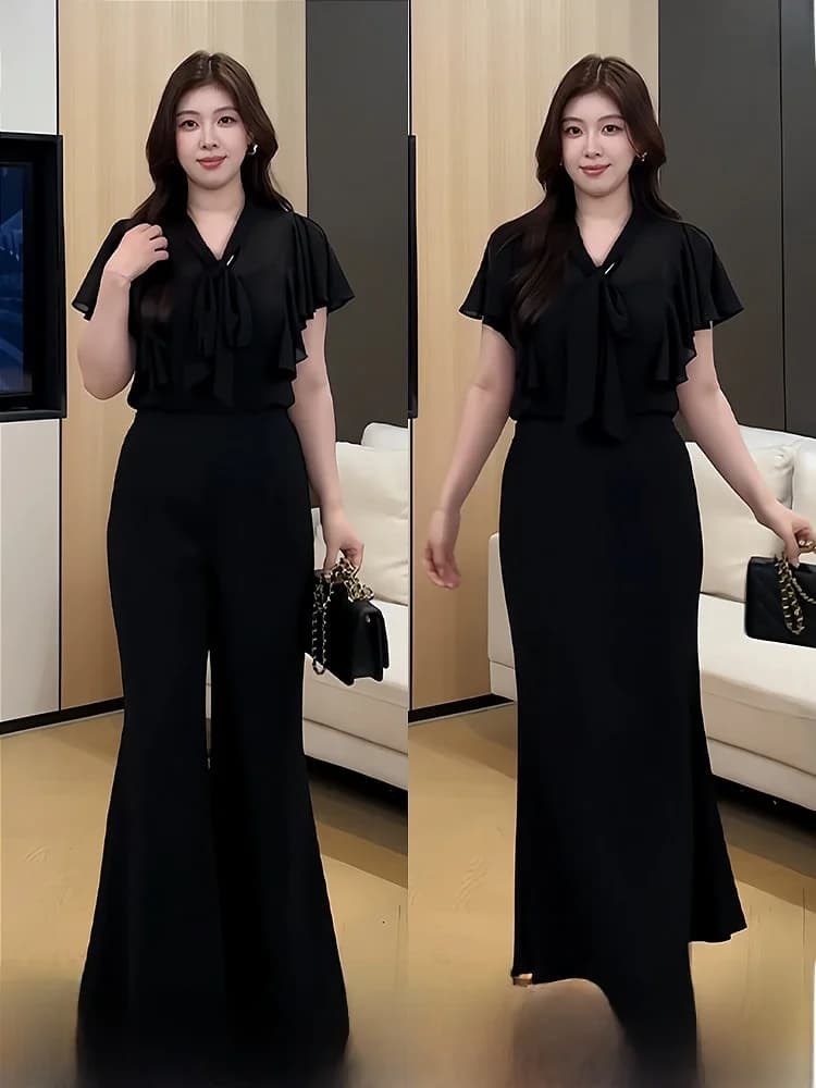 Elegant plus Size Women's Summer Shirt Top Chiffon Micro Flare Pants Skirt Set High Waist Long Sleeve V Neck Fashion Ensemble