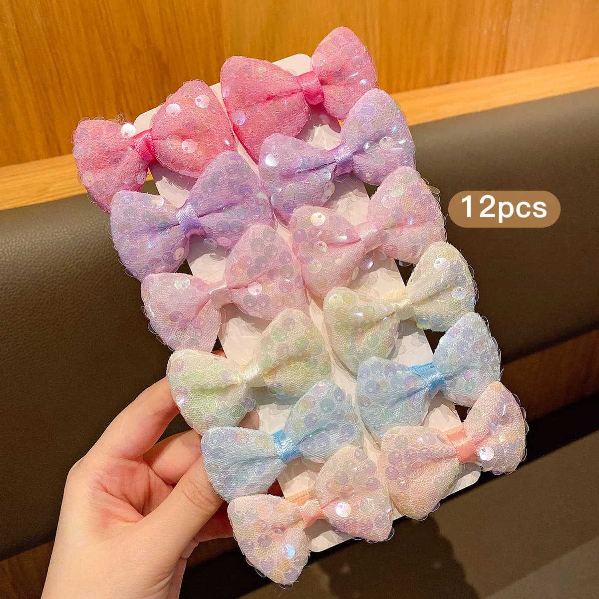 12 colored hair clips with sequin bow, sweet and elegant hair accessories suitable for everyday use