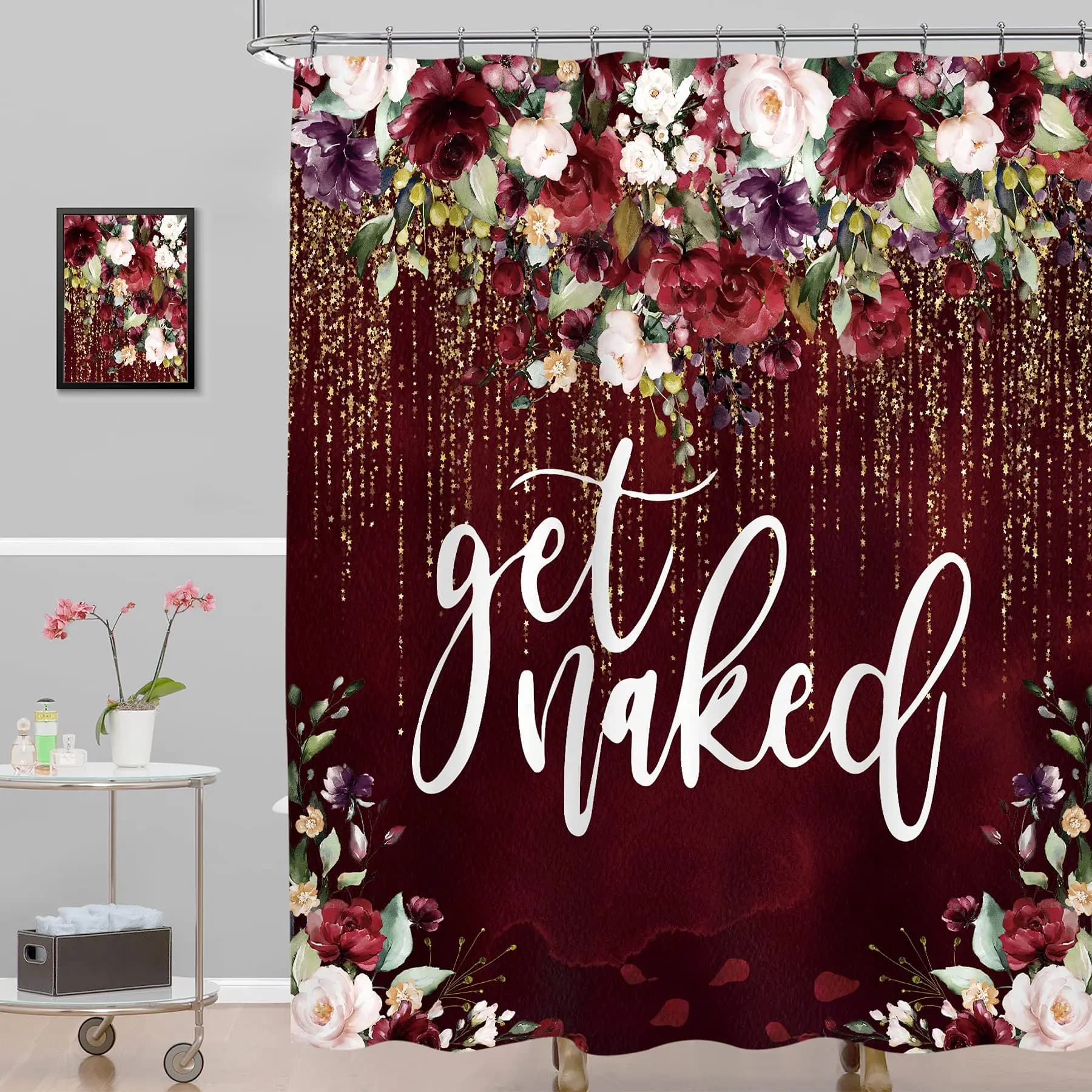 Get Naked Tenda da doccia floreale Fiori bordeaux Nappe lucide Erbe Sfondo marrone Tessuto impermeabile Bagno Vasca da bagno Decor