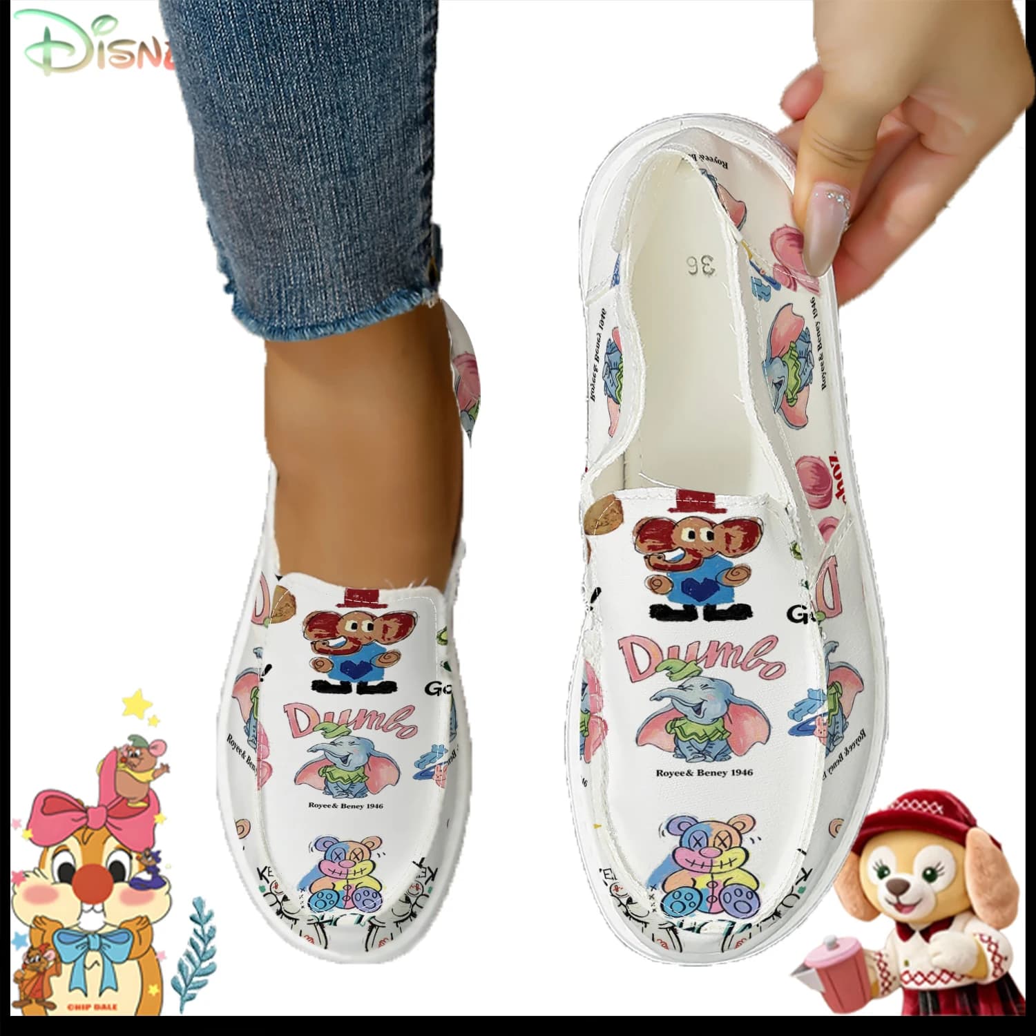 Sneakers slip-on vintage da donna con cartone animato Dumbo, scarpe casual leggere e traspiranti