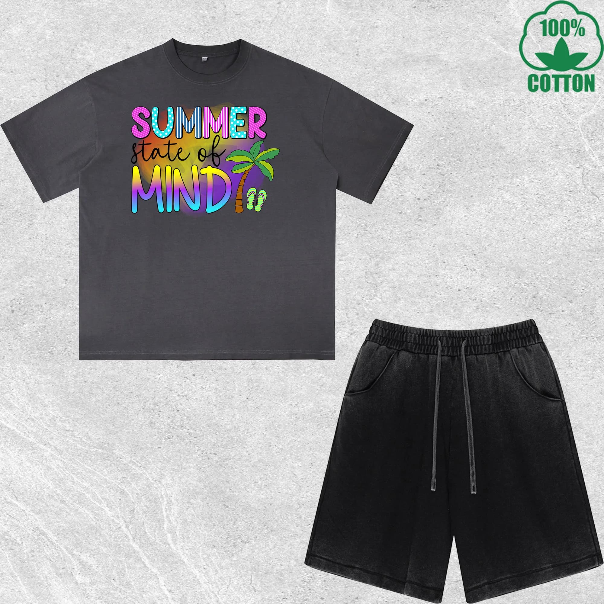 Set Estivo T-Shirt e Pantaloncini con Stampa 'Mind' Effetto Lavato, Multicolore, Stile Trendy e Comodo, 100% Cotone