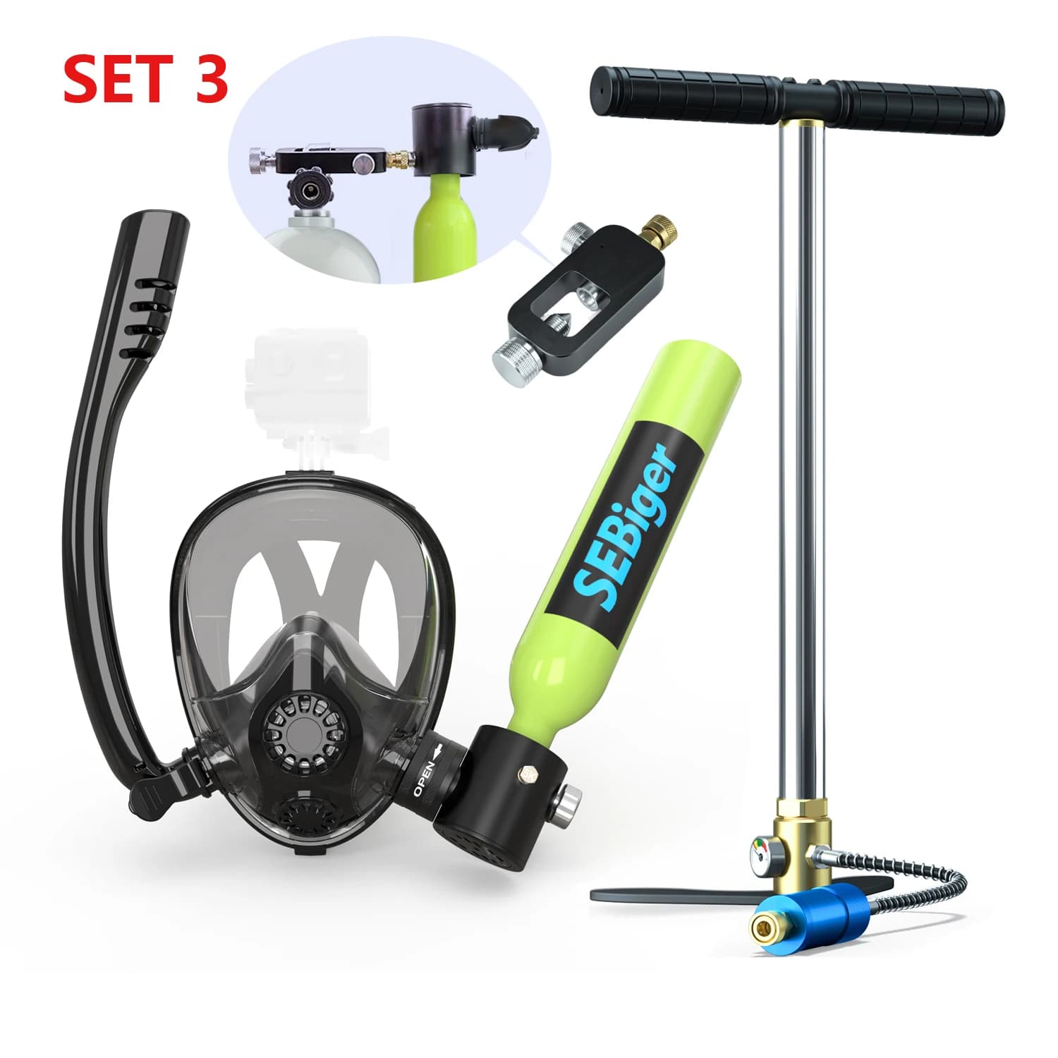SEBIger 0.5 litre tank set and full face mask for beginners swimmers, 5-10 minutes under water, reusable, outdoor travel