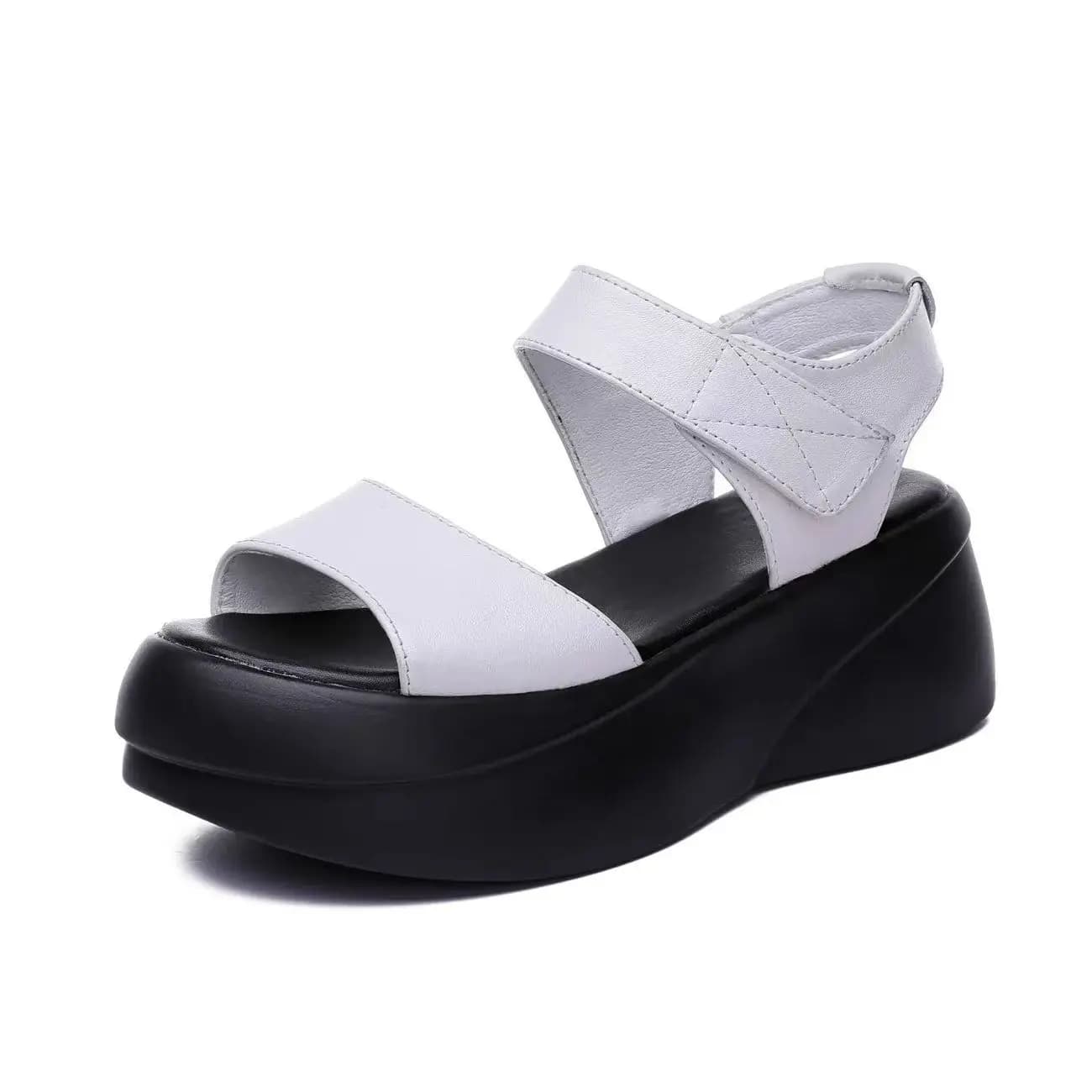 Women's PU Leather Thick sole One Word Sandals Summer New Lightweight Non Slip Velcro Height Increasing Casual Sports Sandals