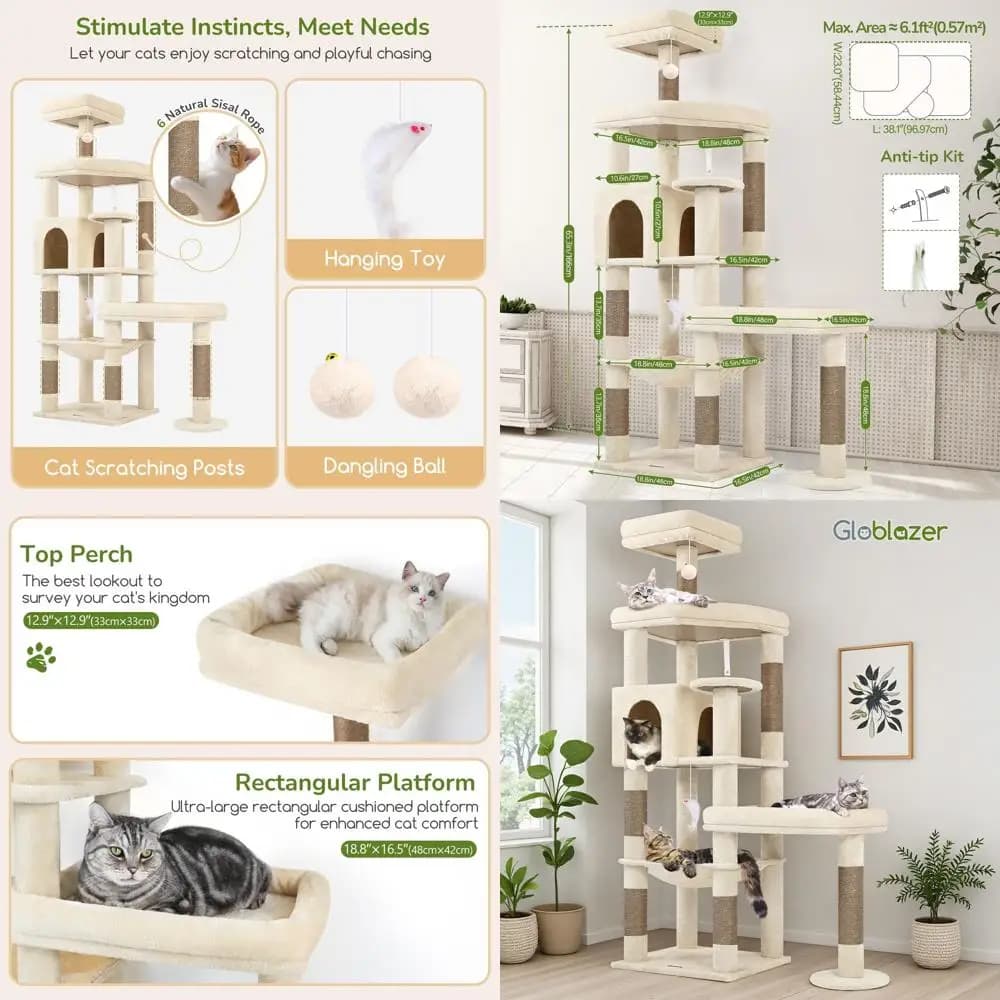 Grande albero per gatti da interno, 65 alti, per gatti di grandi dimensioni con 3 posatoi larghi, 6 tiragraffi, amaca, beige S65