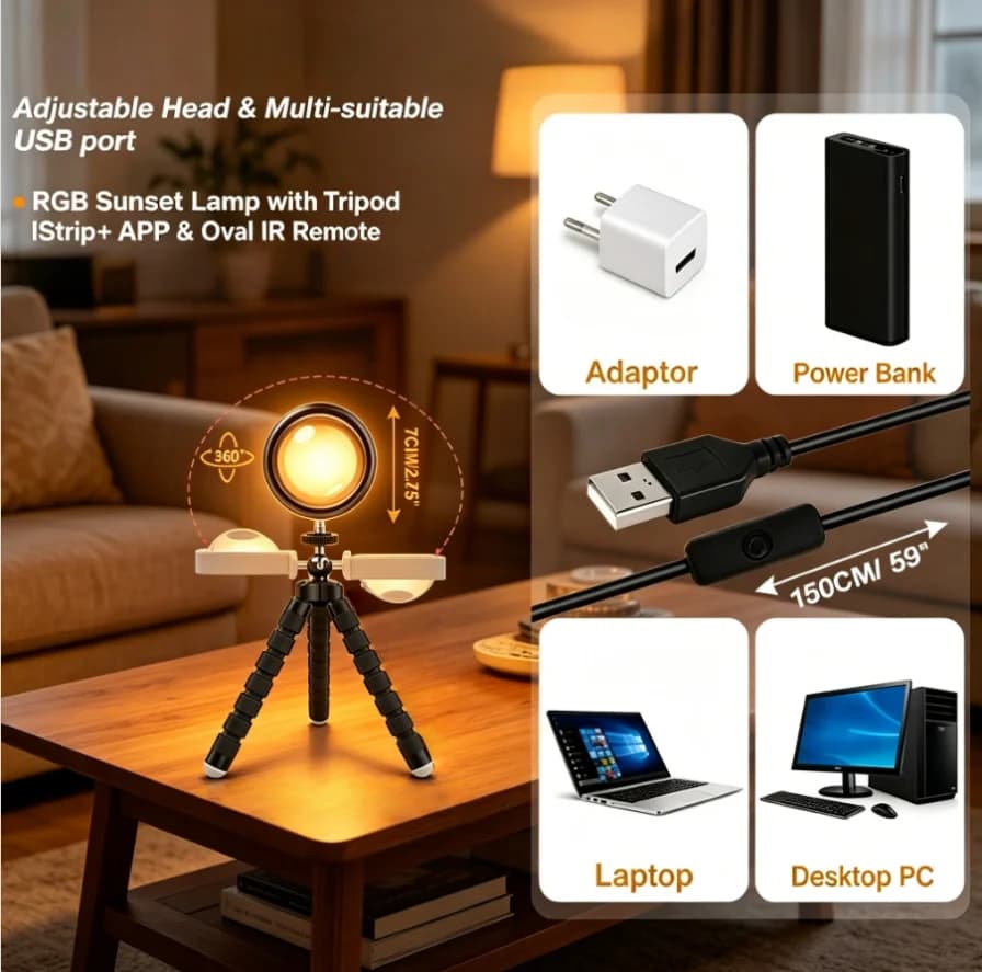 Proiettore Lampada RGB Effetto Tramonto con Treppiede, Controllo APP e Telecomando IR, Luce Notturna LED 16 Colori, Luce Atmosfera USB per Decorazione