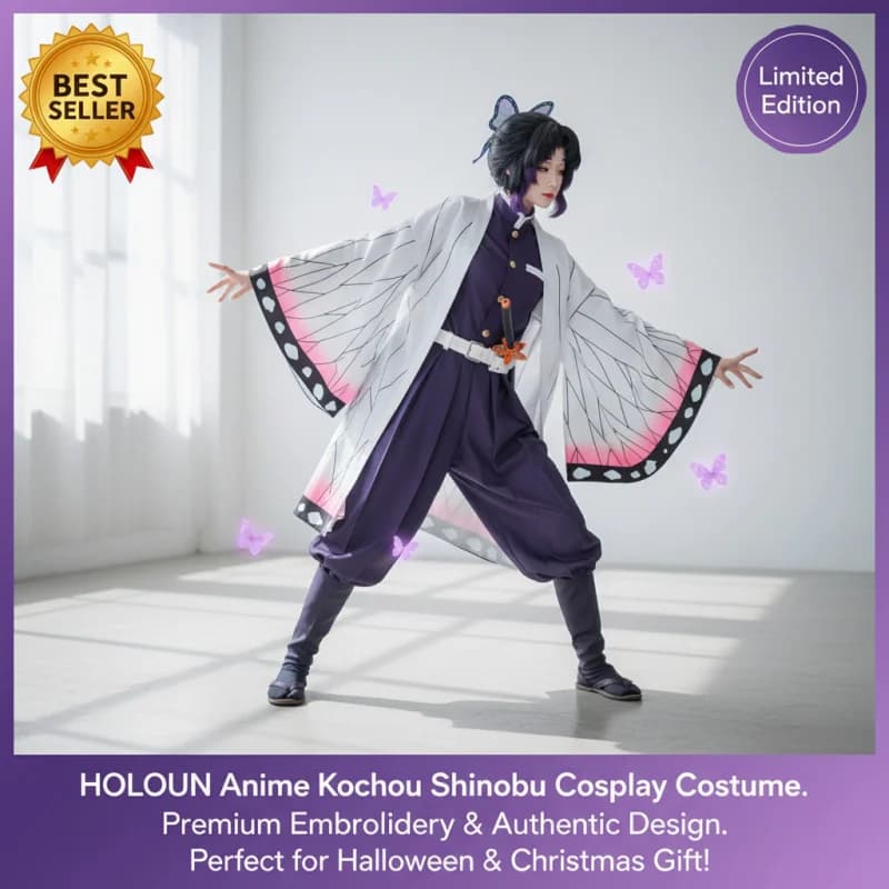 ☆ SunlCos Costume Cosplay Anime Kochou Shinobu con Parrucca, Top Viola Ricamato, Pantaloni, Haori, Cintura e Farfalla - Regalo di Halloween ☆