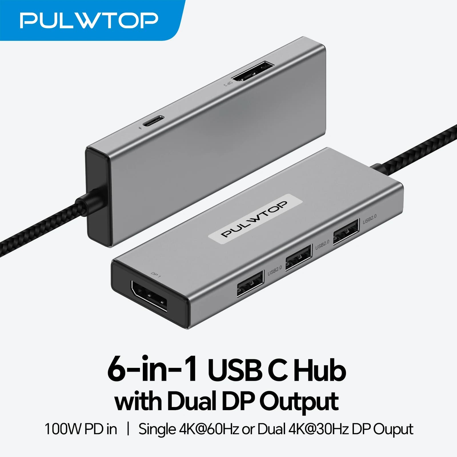 Hub USB C PULWTOP con Adattatore per Doppio Monitor, Docking Station USB C con Doppio DisplayPort, 2 USB 2.0, PD 100W, per MacBook/Dell