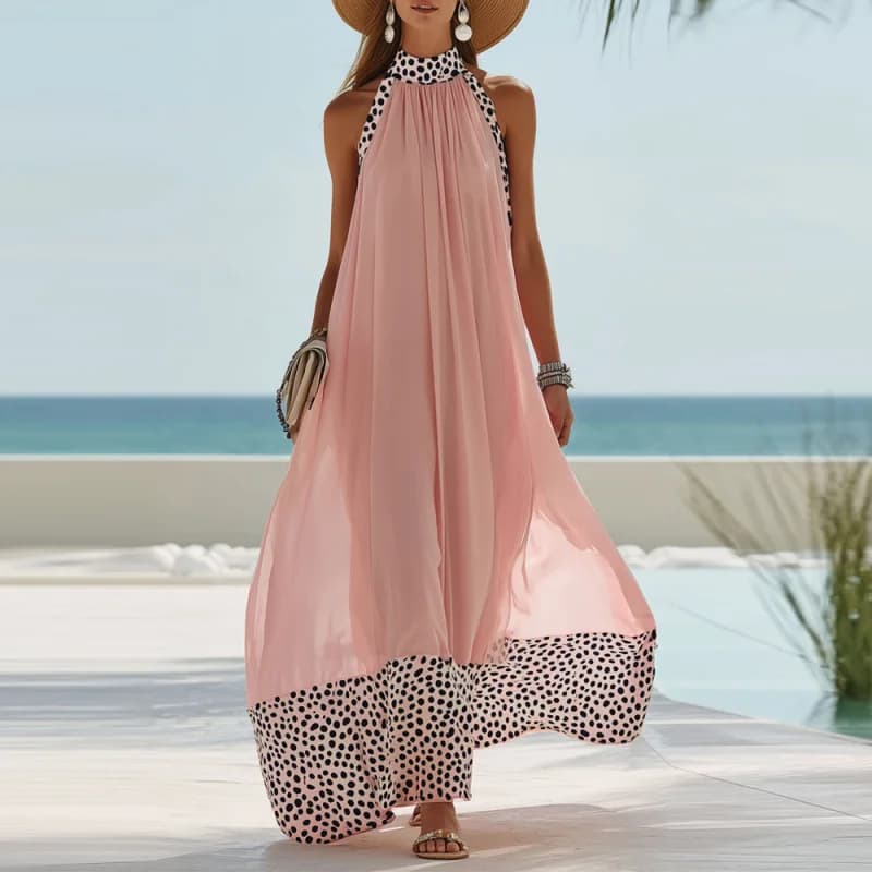 Summer 2026 Casual Color Block Neck Hanging Long Skirt Sleeveless Dress Net Gown Holiday Style Loose Waist Knitted Polyester