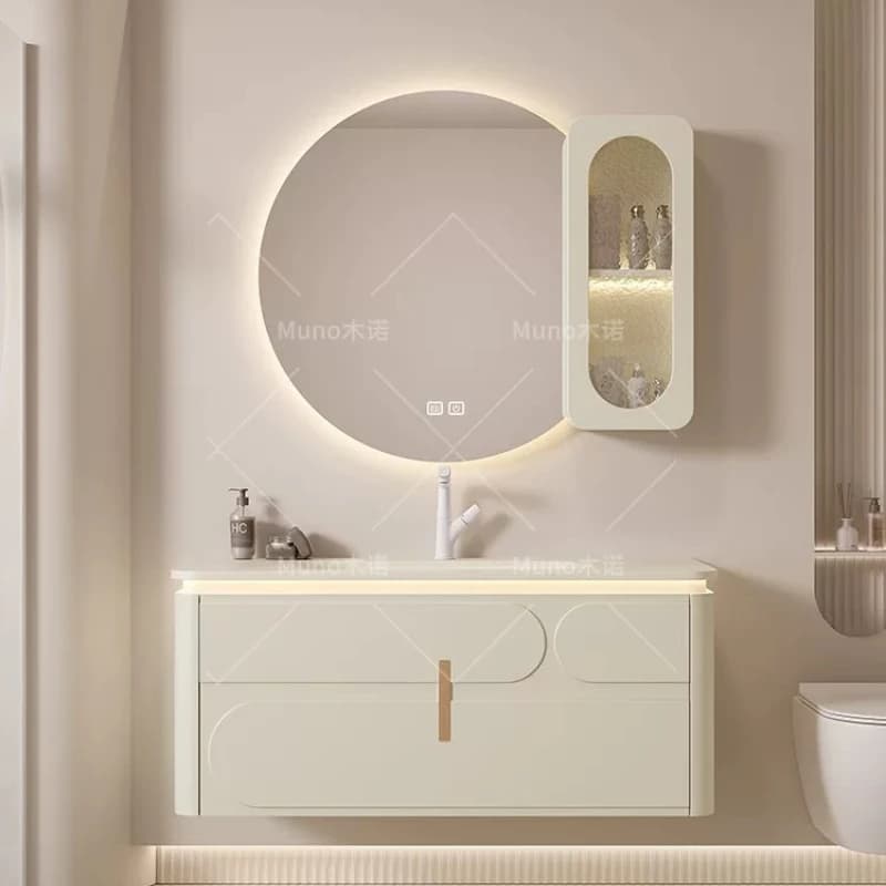 French Cream Style Bathroom Vanity with Sintered Stone Integrated Sink Oak Cabinet Combo with Round LED Mirror home furniture