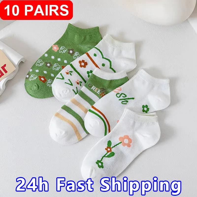 10Pairs Womens Cute Print Socks Flower 4 Seasons Boat Ankle No Show Short Sock Calcetines Mujer Low Cut Korea Girl Summer Spring