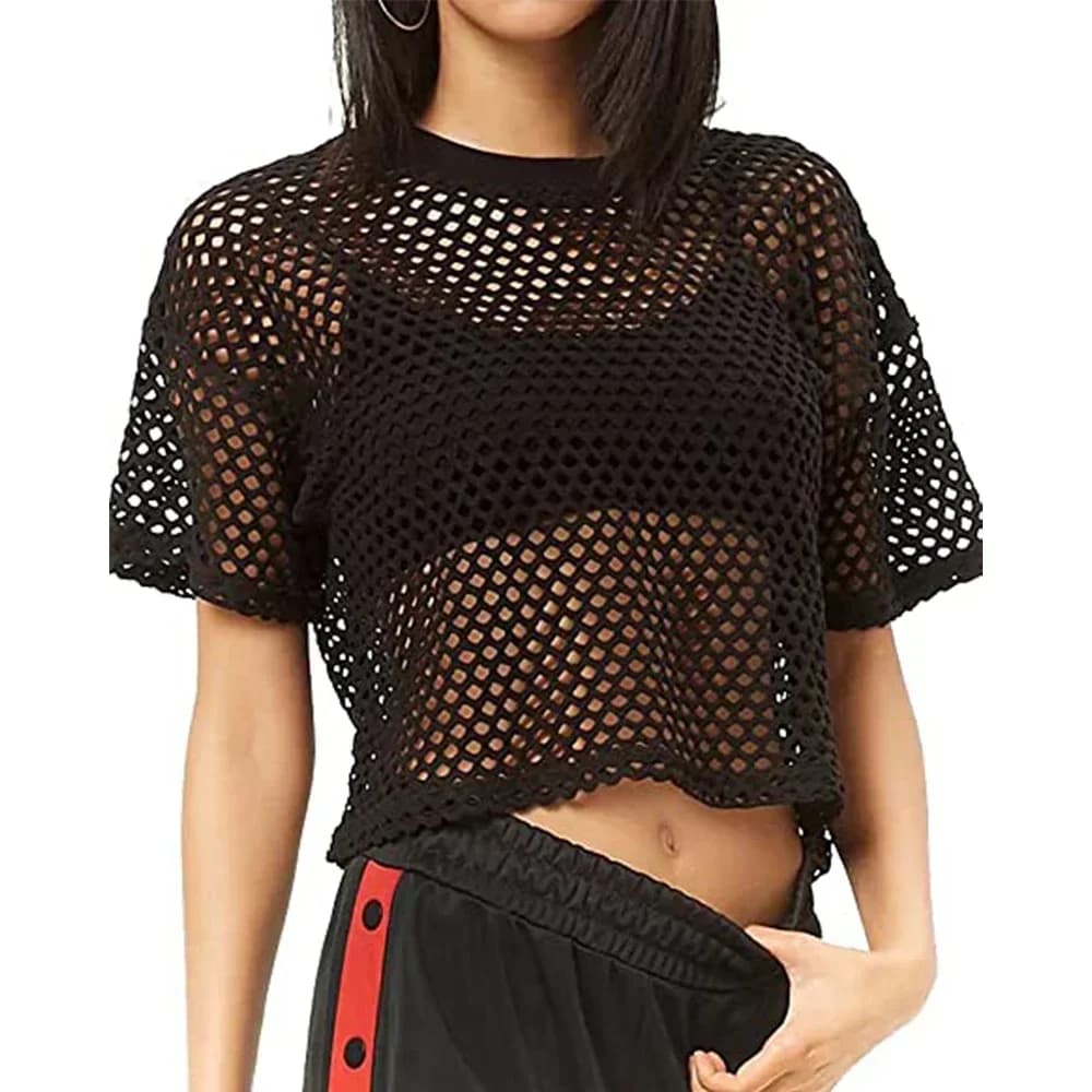 T-shirt corta trasparente a rete da donna alla moda per donna T-shirt estiva a maniche corte o collo tinta unita T-shirt abbigliamento femminile
