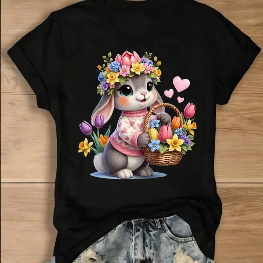 【Nuovo stile】T-shirt con simpatico coniglio dei cartoni animati con fiori e cuore, girocollo al 100%, alla moda, traspirante, streetwear, casual, versatile, T-S