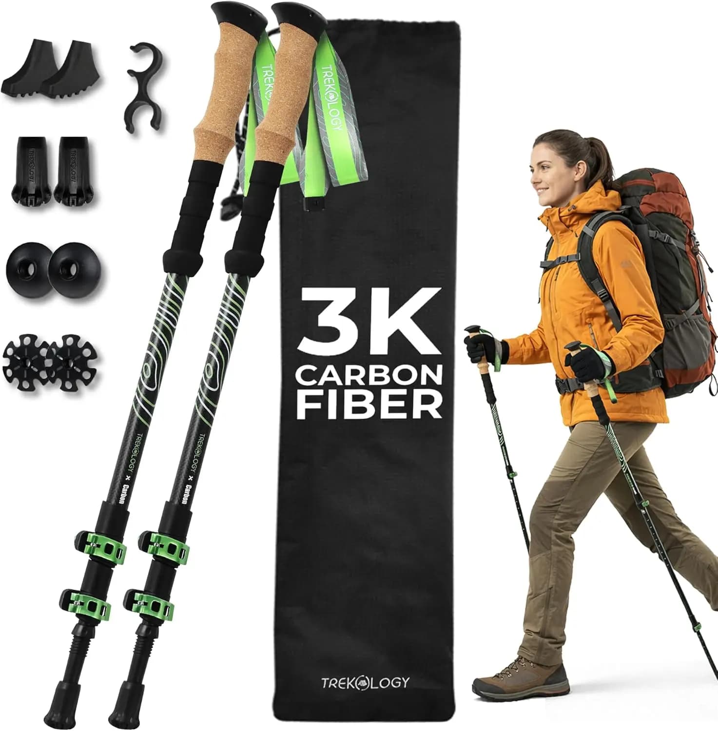 Bastoncini da Trekking Ultraleggeri in Fibra di Carbonio 3K (210g) - Coppia con Impugnature in Sughero, Pieghevoli, Chiusure a Scatto in Metallo e Kit Accessori da 10 Pezzi