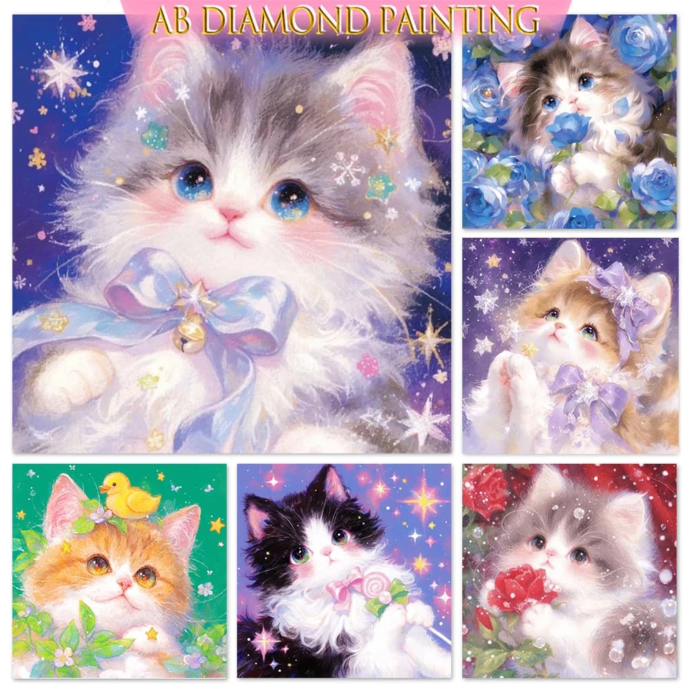 AB Diamond Painting Cute Cat Full Square Round Diamond Mosaic Embroidery Animal Portrait Home Wall Decor Art Craft Gift