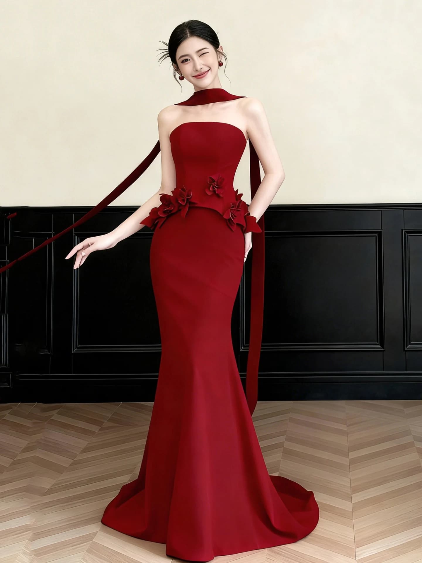 Abito da Sposa Rosso 2026 Nuovo Stile Versione Coreana Abito da Sposa Senza Spalline a Coda di Pesce per Matrimonio e Fidanzamento Donna