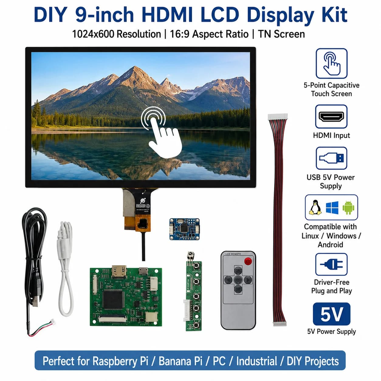 9 Inch 1024*600 Screen LCD Display HDMI-Compatible Driver Board touch Monitor For Raspberry Pi Banana/Orange Pi PC Mini Computer