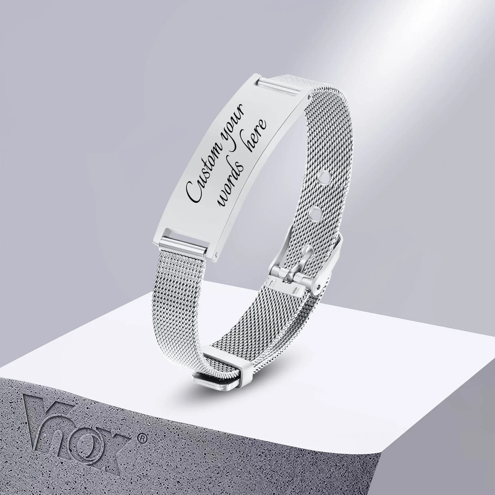 Vnox Free Custom ID Bracelets for Women Men, Adjustable Stainless Steel Mesh Bands Wristband, Personalized Gifts Jewelry
