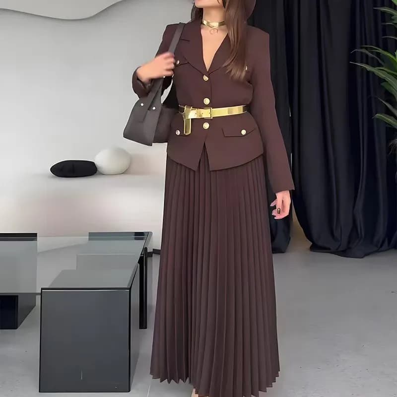 Elegante donna due pezzi set monopetto giacca con risvolto cappotto cintura gonna longuette a pieghe vestito 2025 ufficio signora nuovo in set coordinato