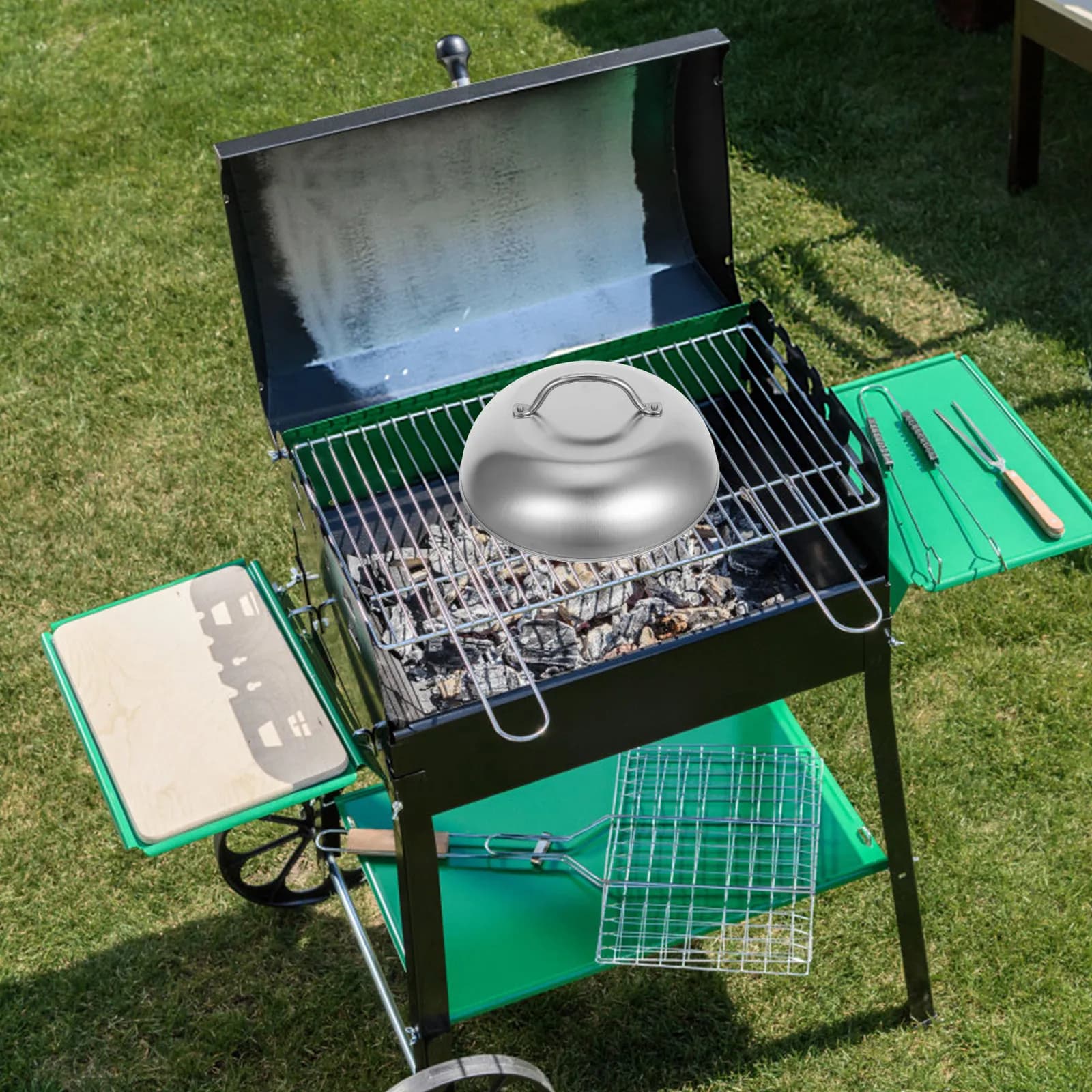 Stainless Steel Round Dome Grilling Cover for Outdoor Bbq Grill Basting Steaming Portable Camp Cooking Lid Food Tent Pot Pan