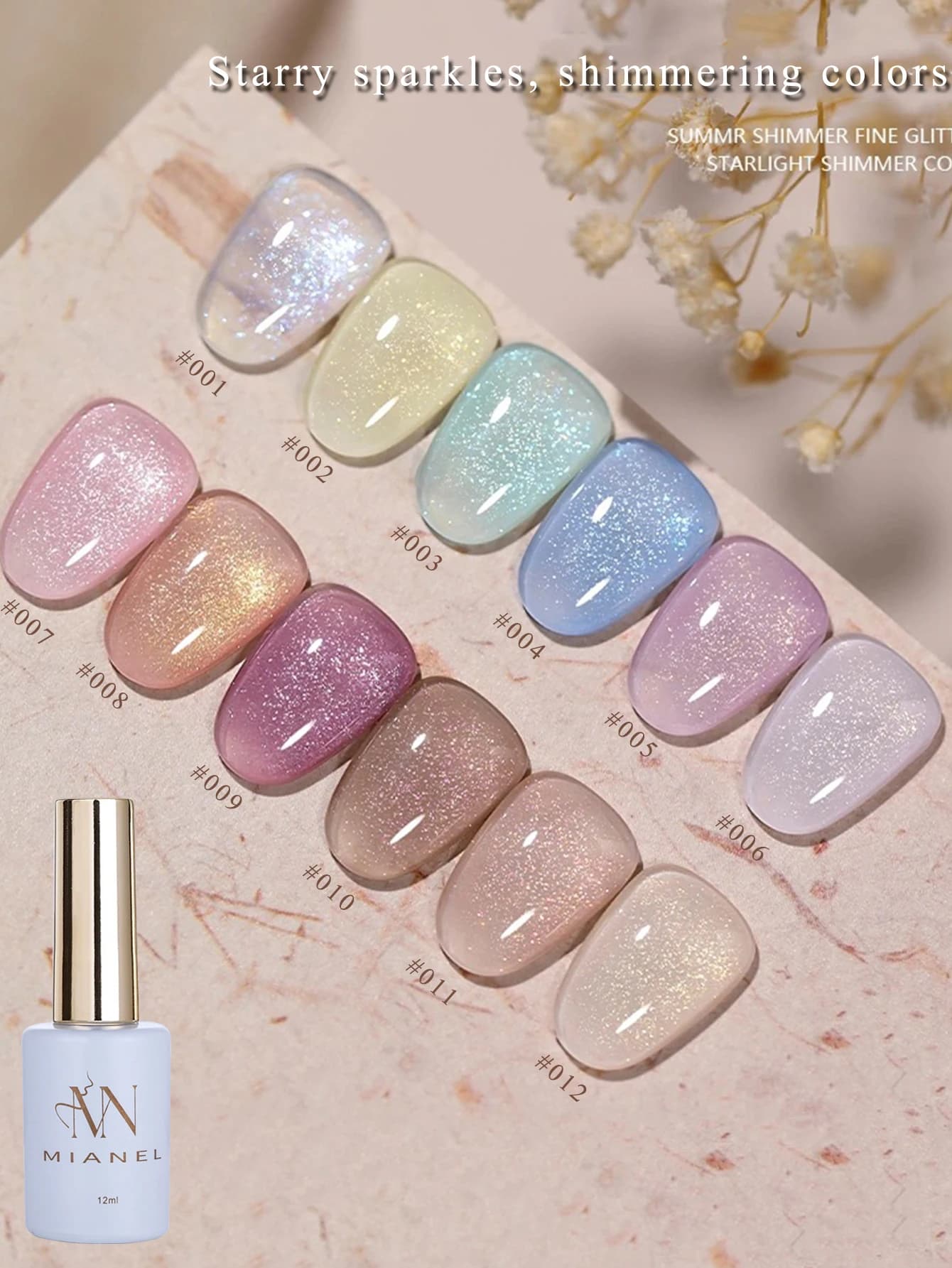 MIANEL 12ML 1PCS Smalto Gel Glitterato Fine Starlight per Unghie Estive, Top Seller, Bianco Blu Rosa