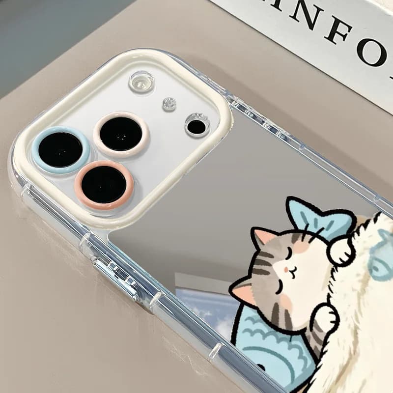 Cover for iPhone 17 Air 16 15 Pro Max 14 13 12 11 XR X 7 8 Plus Y2K with Creative Mirror and Design Cat Carton and Fish - Protective Case