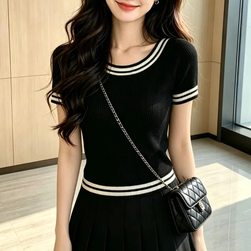 New Summer O-Neck Patchwork Knitted Sweater Women Pullovers Short Sleeve Knit Sweater Pullover Women Tops Sueters De Mujer Q5227