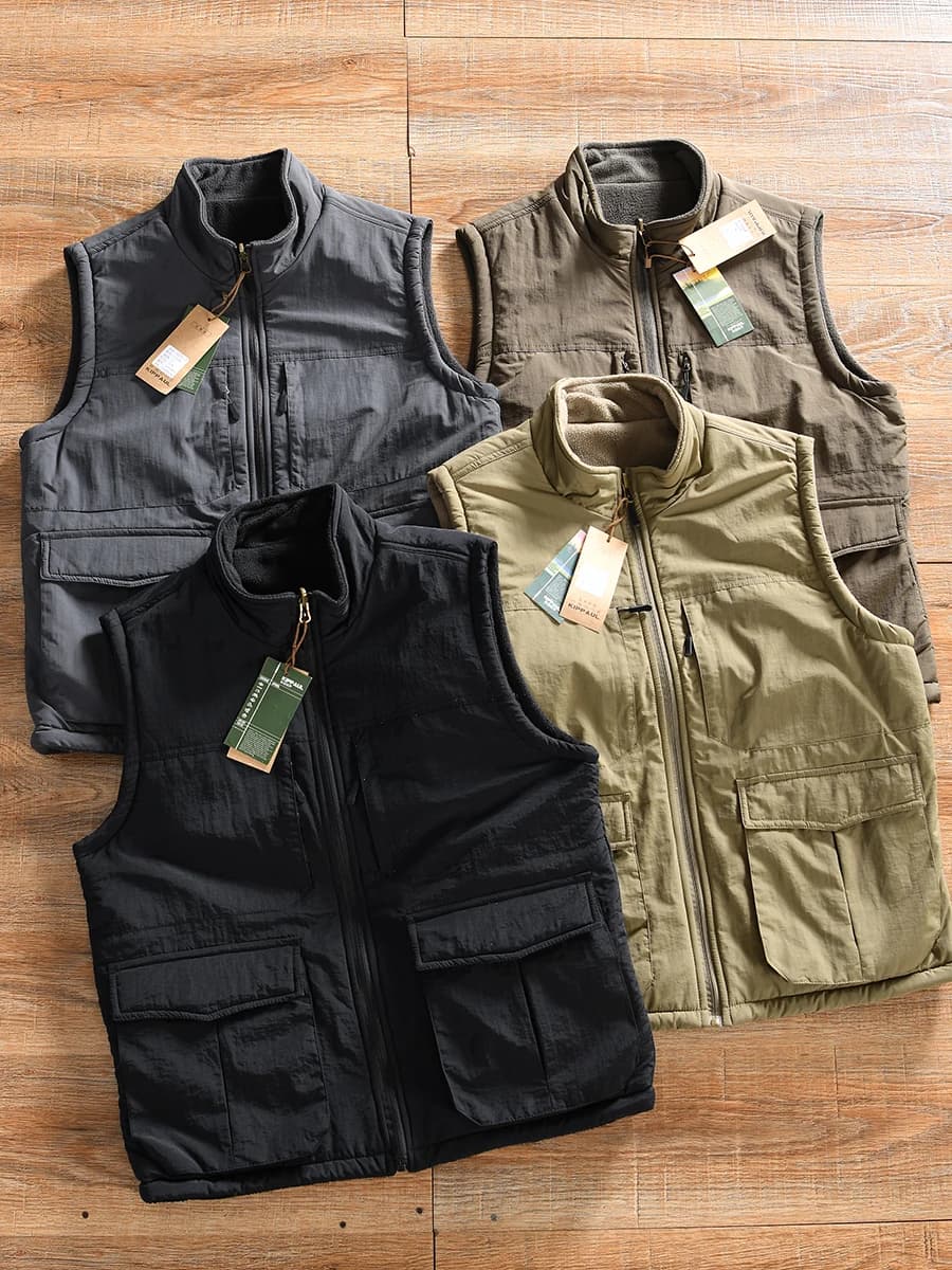 Men's Outdoor Fleece Lined Warm Vest Double Sided Windproof Water Resistant Stand Collar Workwear Jacket Standard Fit Winter