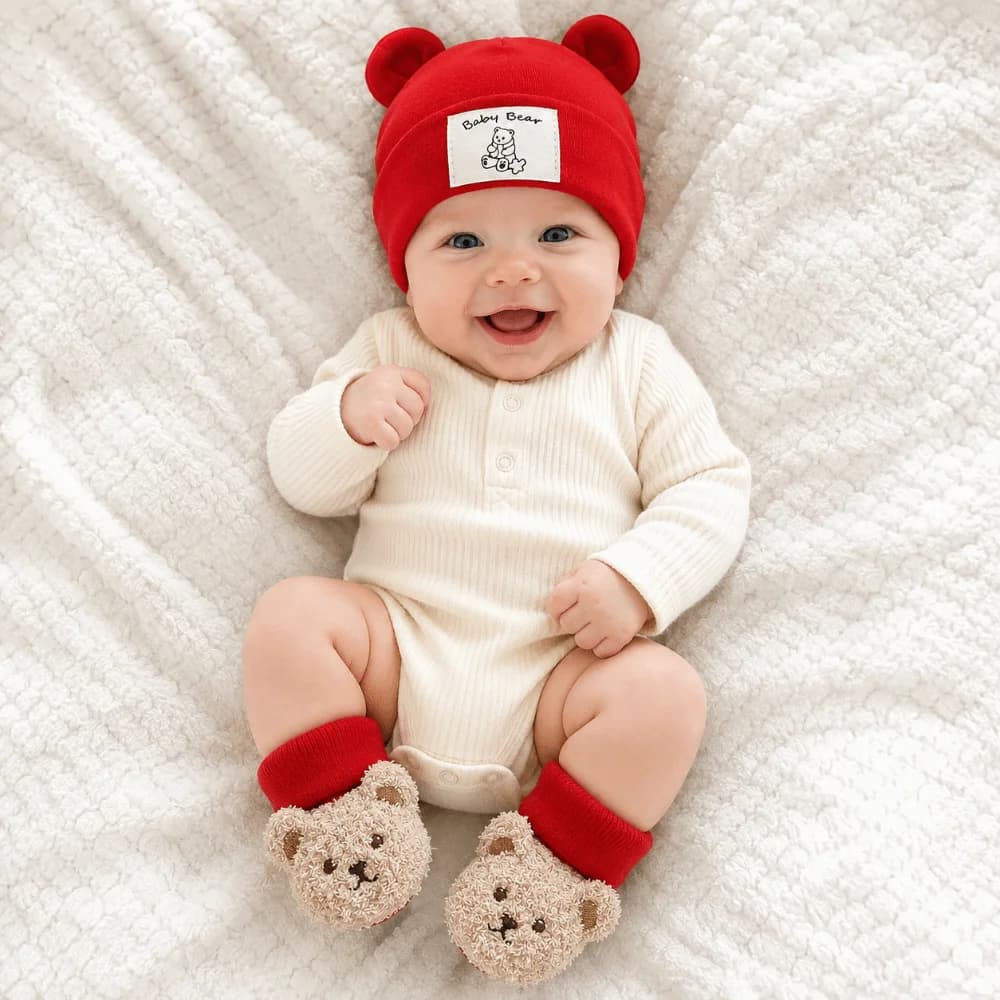 2Pcs/Set Cute Cotton Baby Hat Socks Set Soft Warm Bear Ear Beanie Breathable Cartoon Infant Cap Socks for Newborn