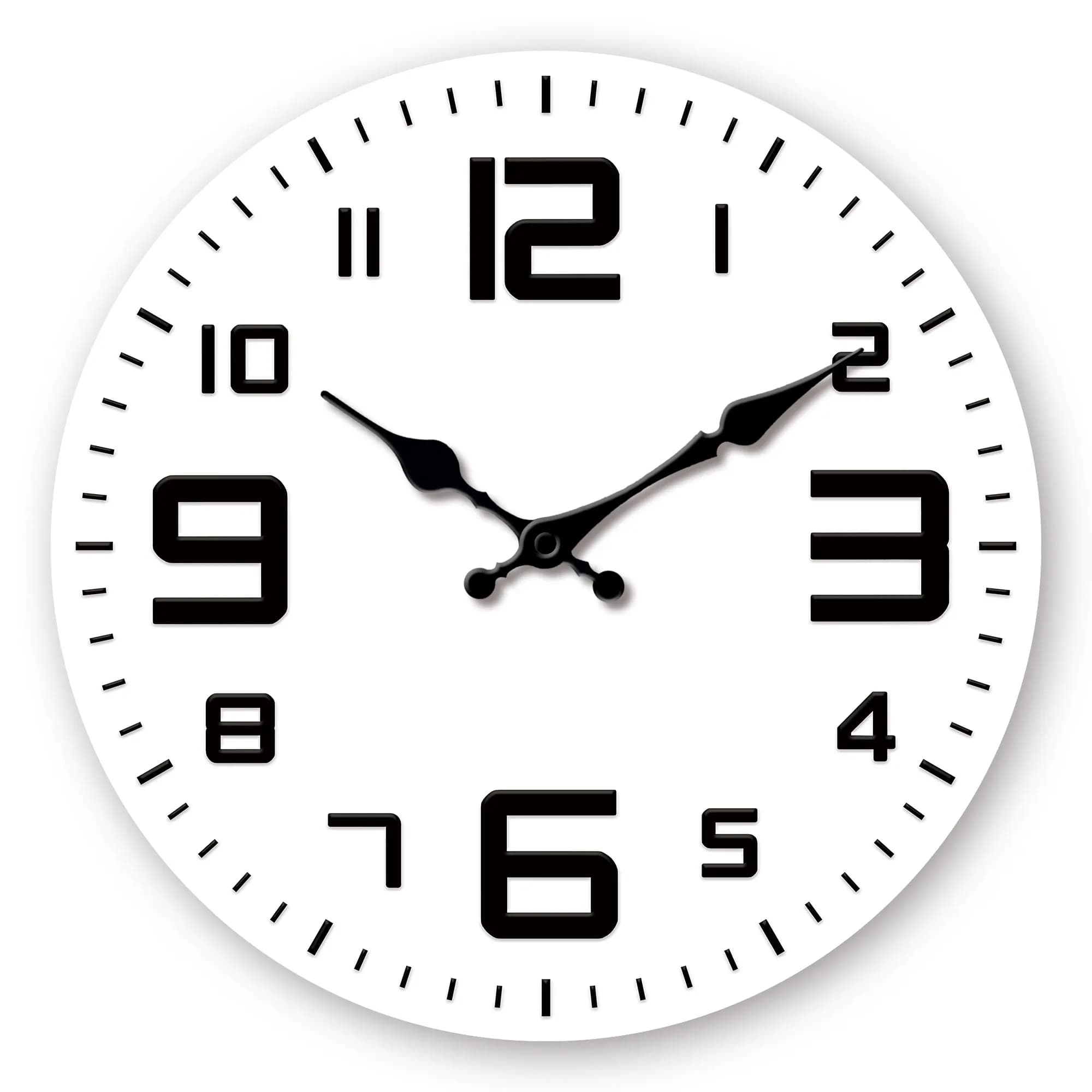 Orologio da parete minimalista in legno bianco e nero in un unico pezzo con orologio a cifre irregolari: nessun suono di ticchettio, arredamento moderno per la casa