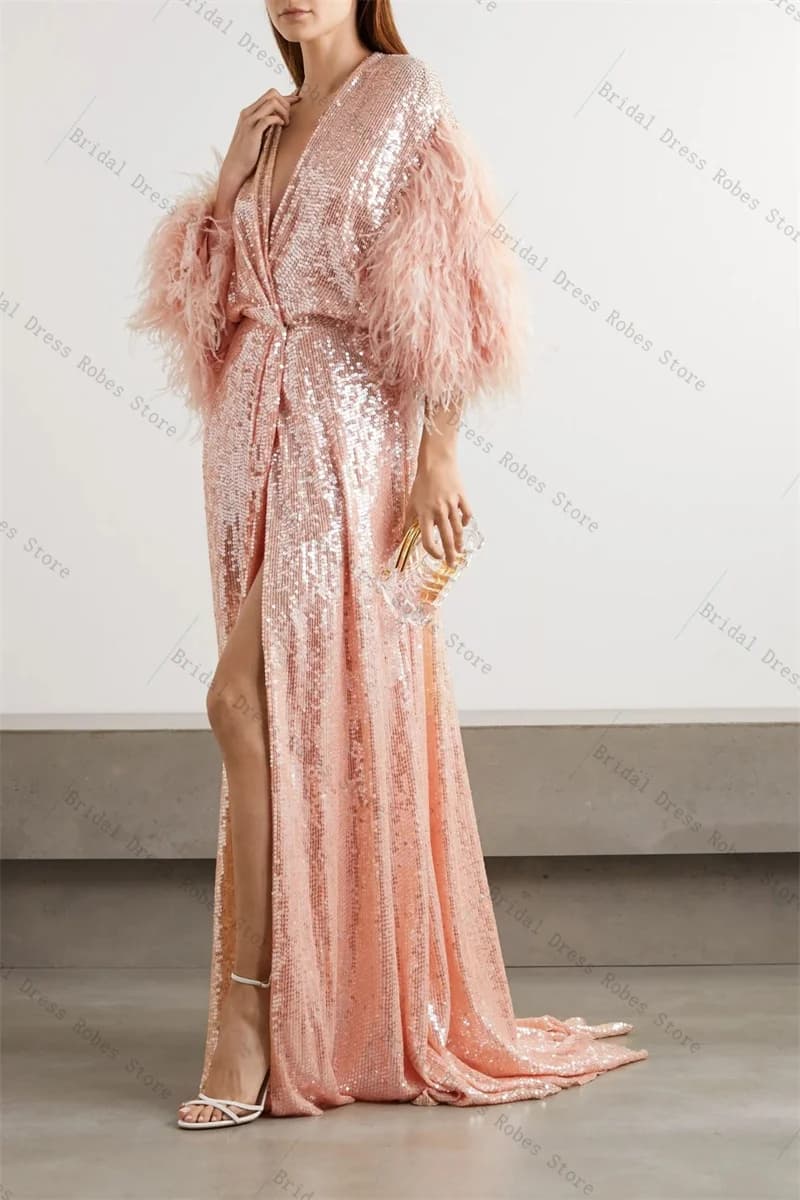 Abito da ballo da sposa da donna con piume di paillettes lucide per servizio fotografico Abito da notte personalizzato con scollo a V sexy maniche lunghe da sposa