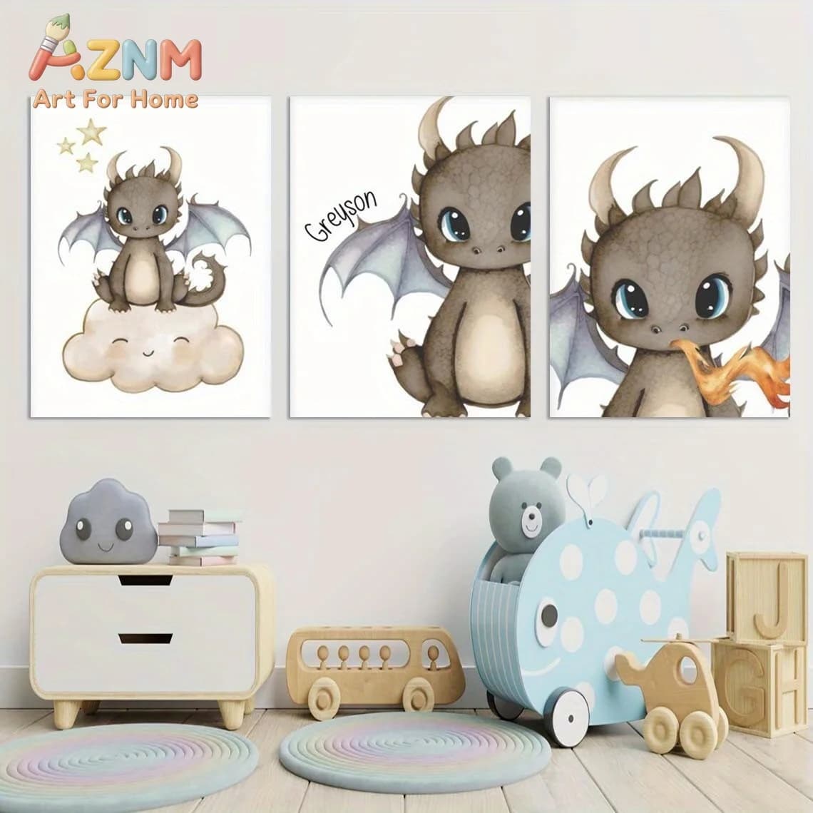 AZNM Cute Baby Dragon Canvas Wall Art Cartoon Fantasy Creature Cloud Star Watercolor Frameless Canvas Painting Nursery Kids Room