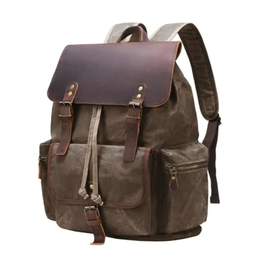 Zaino Vintage in Tela Cerata con Dettagli in Vera Pelle, Borsa a Tracolla per Laptop, Ideale per Viaggi/Escursioni/Scuola