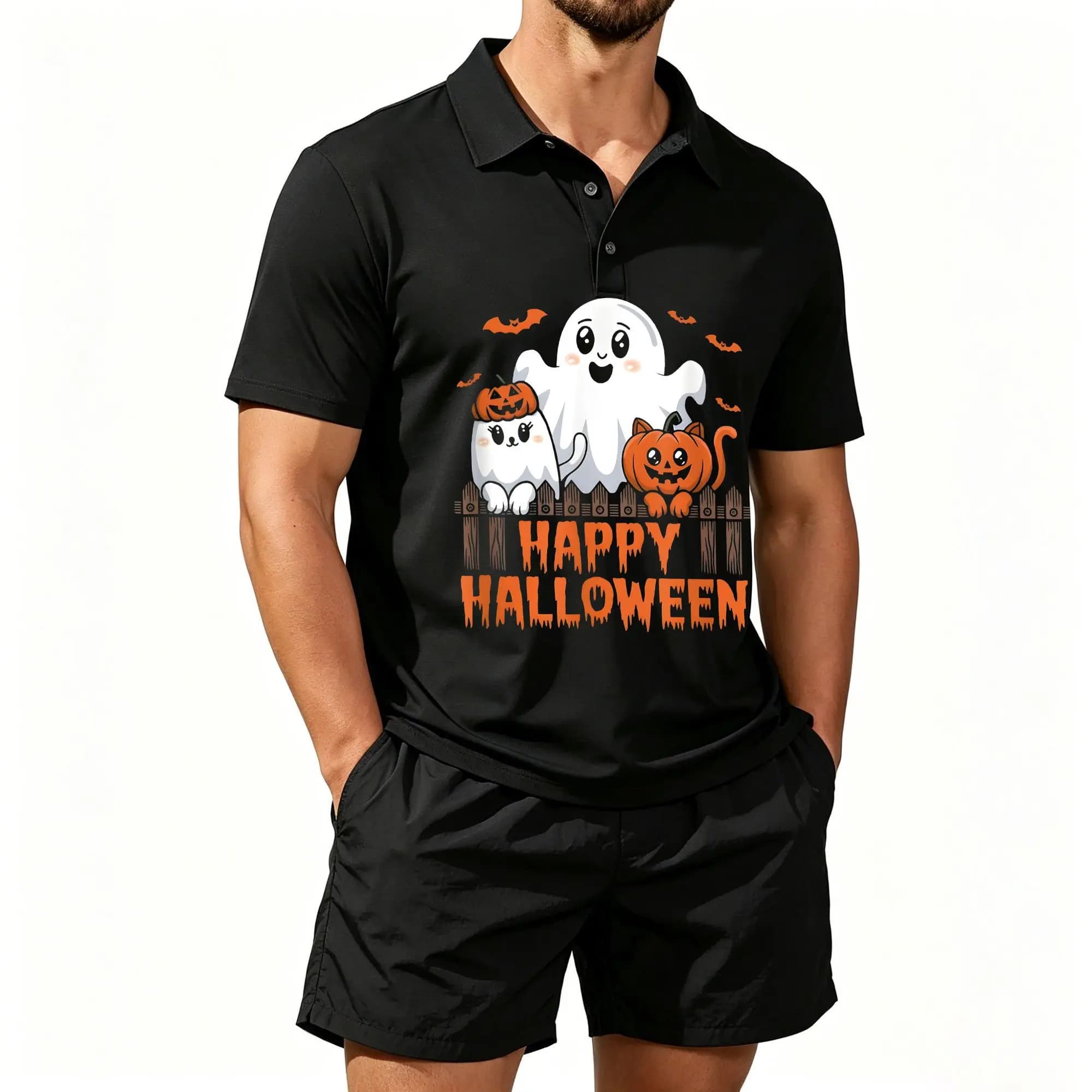 Men's Polo Beach Shorts Two-Piece Set with Fun Halloween Animal Prints, Various Spooky and Cute Halloween-Themed Patterns, Casual and Comfortable, Well-Fitted