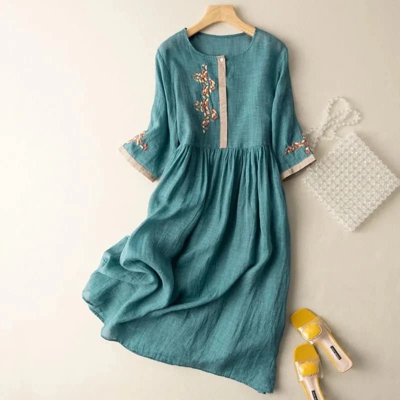New Summer Dress 2024 Women's, High Waist, Short Sleeve, Round Neck, Vintage Style, Cotton with Floral Embroidery