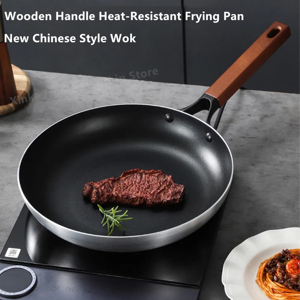 Aluminum Plate with Wood Handle, Wok for Steaks, Heat Resistant, Gas Stoves and Induction Plans, Universal Kitchen Tools