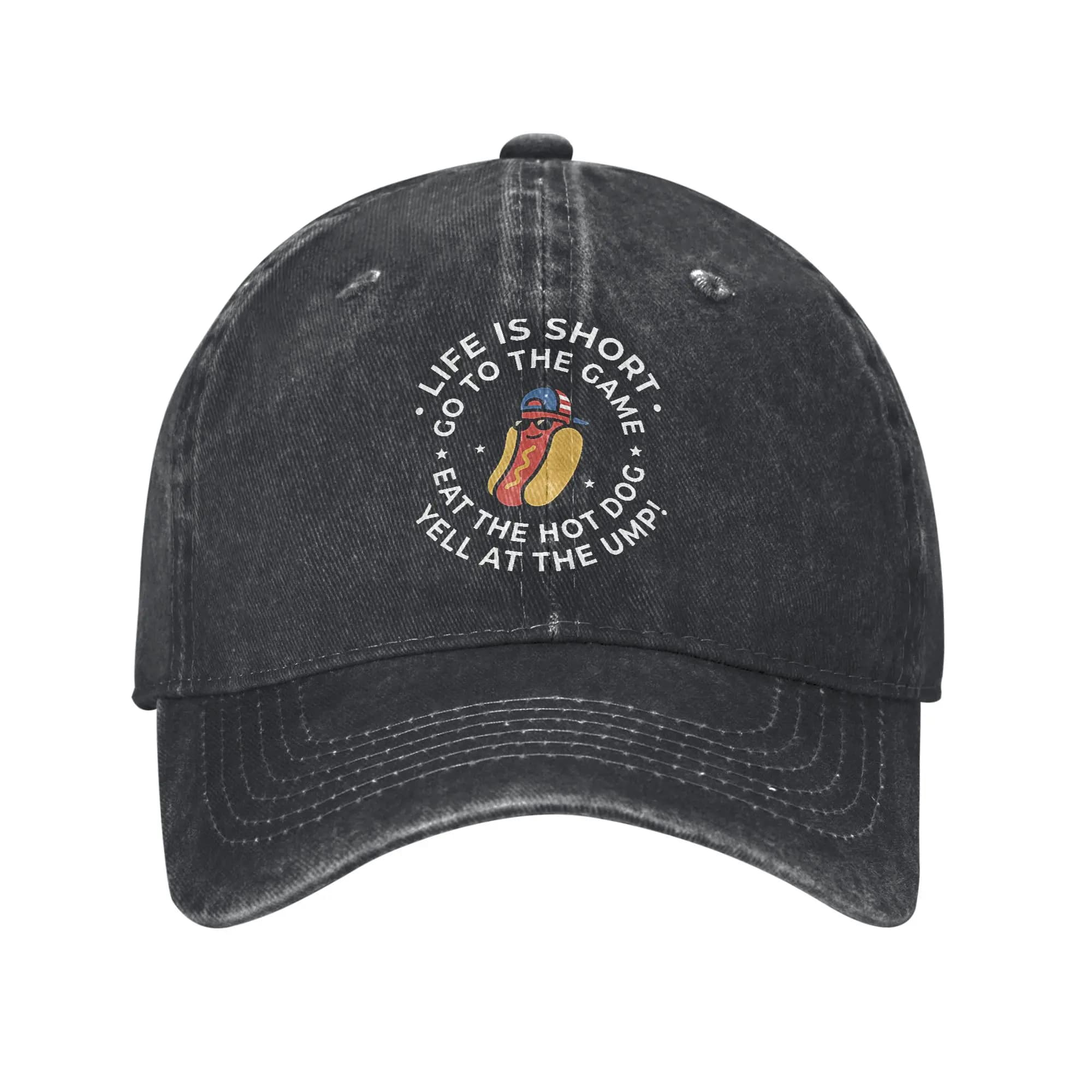 Cappello unisex con stampa 'Life is Short Go to The Game Eat The Hot Dog Yell At The Ump', berretto da baseball vintage effetto invecchiato e lavato, regolabile.