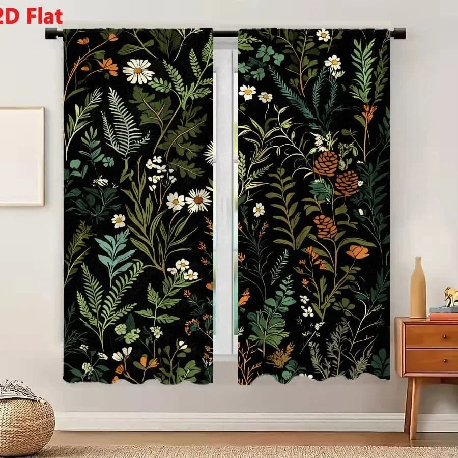 2Pcs Curtains 2D Flat Seamless Floral Pattern With White And Yellow Flowers Green Foliage Pinecones On Black Background Window D