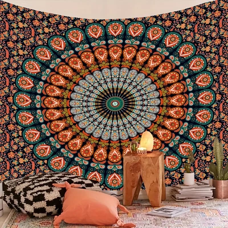 VIKAMA Wall Mandala Carpet, Bohemien Hippie Style, Psichedelica Art, Copriletto, Yoga Mat, Aesthetic Decoration for Living Room and Bedroom