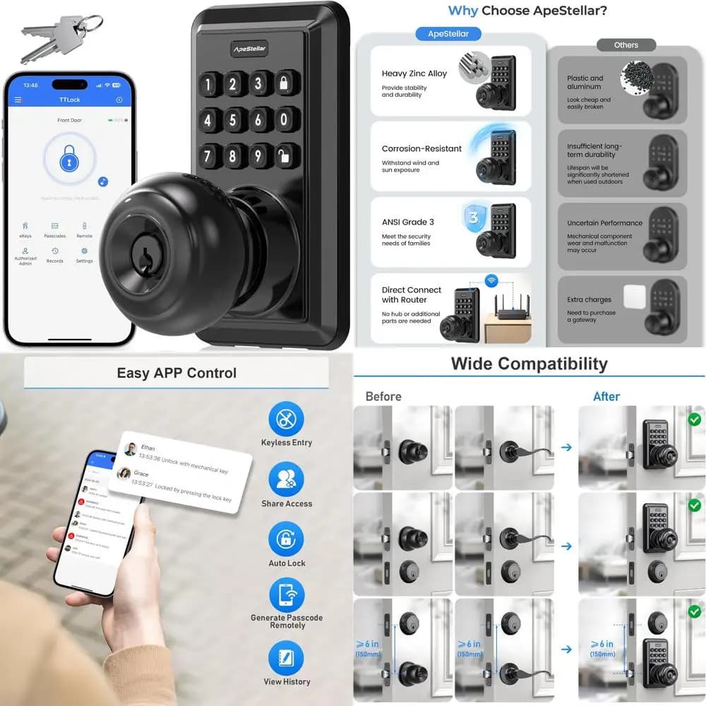 Serratura intelligente per porta d'ingresso senza chiave con pomello e tastiera, maniglia per porta anteriore con codice, soluzione di accesso sicuro