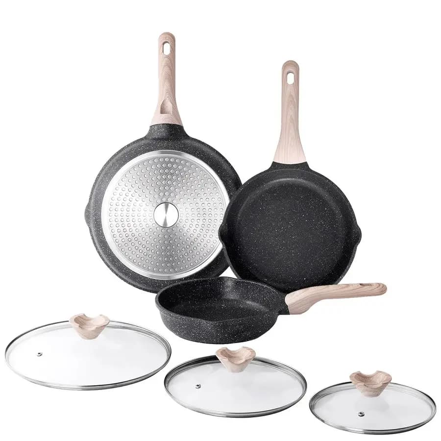 Set of non-stick pans with lids, set of 3 pans, healthy induction cooking pan, StayCool handle, compatible with all stoves