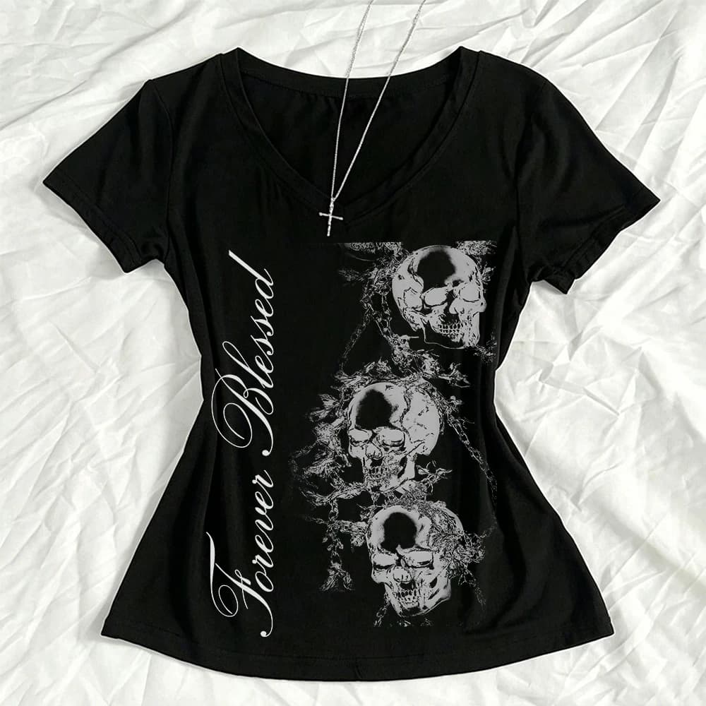 2000s Kawaii Aesthetic Streetwear Print Tees Top Gothic Punk Printing Slim Tees Tops Vintage Harajuku Fairy Print Women Tops Fit
