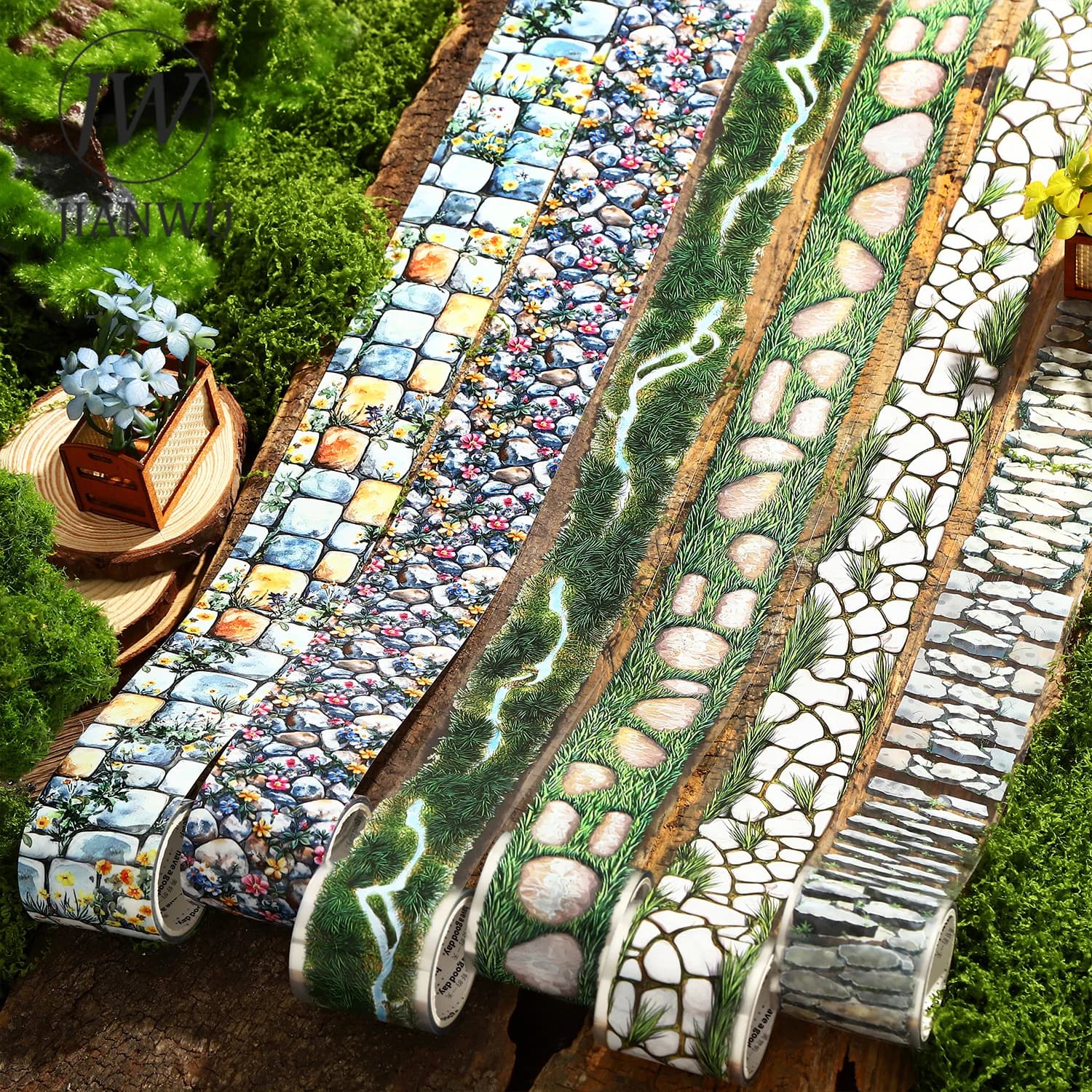 JIANWU Serie Stone Path: Nastro Adesivo PET Creativo per Collage con Motivi Floreali e Paesaggistici Vintage, Materiale per Decorazione e Fai-da-Te