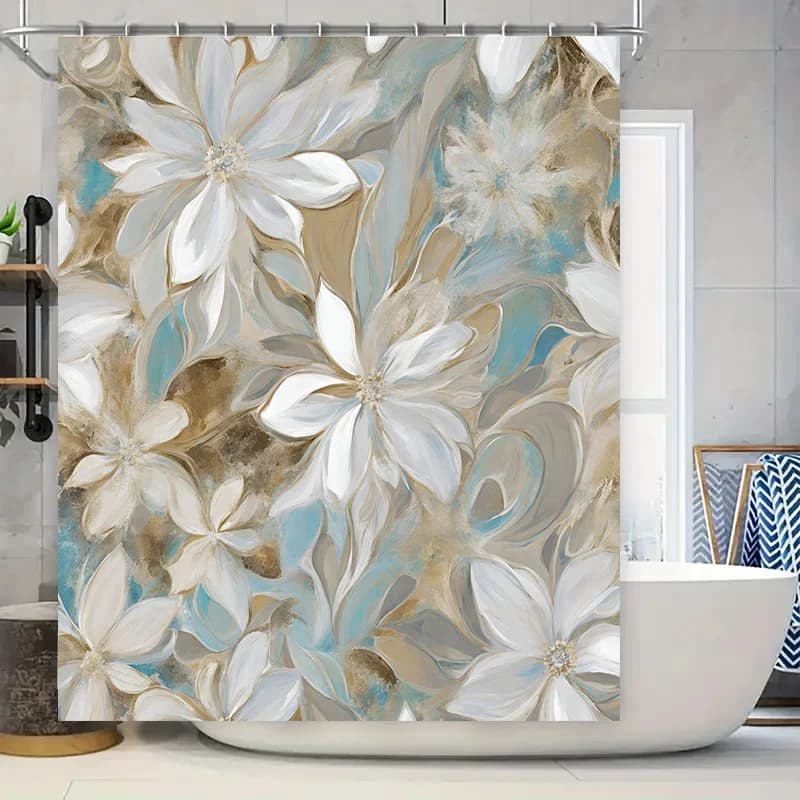 Deliziosa tenda da doccia floreale: decorazione da bagno di arte astratta con fiori bianchi per il bagno